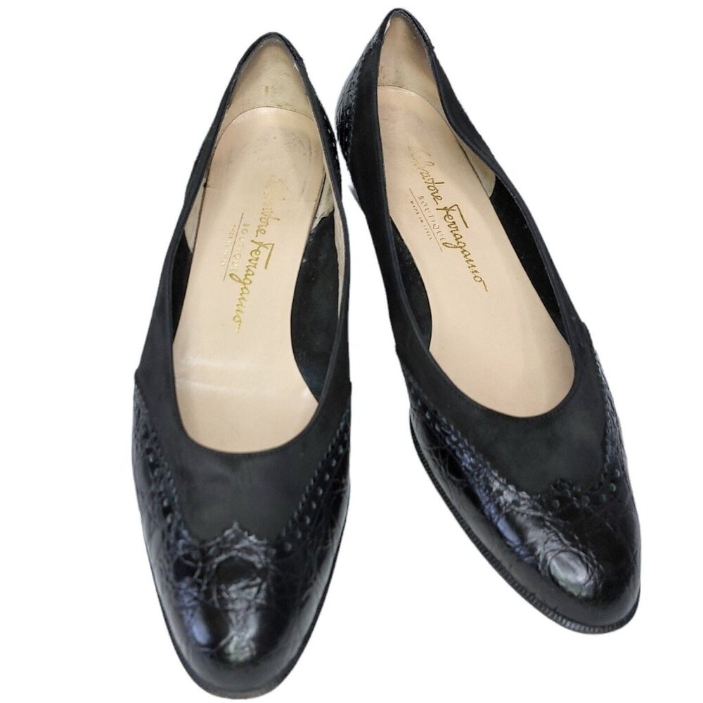Vintage Salvatore Ferragamo 9 AA Black Leather Suede Flats Croc Pattern